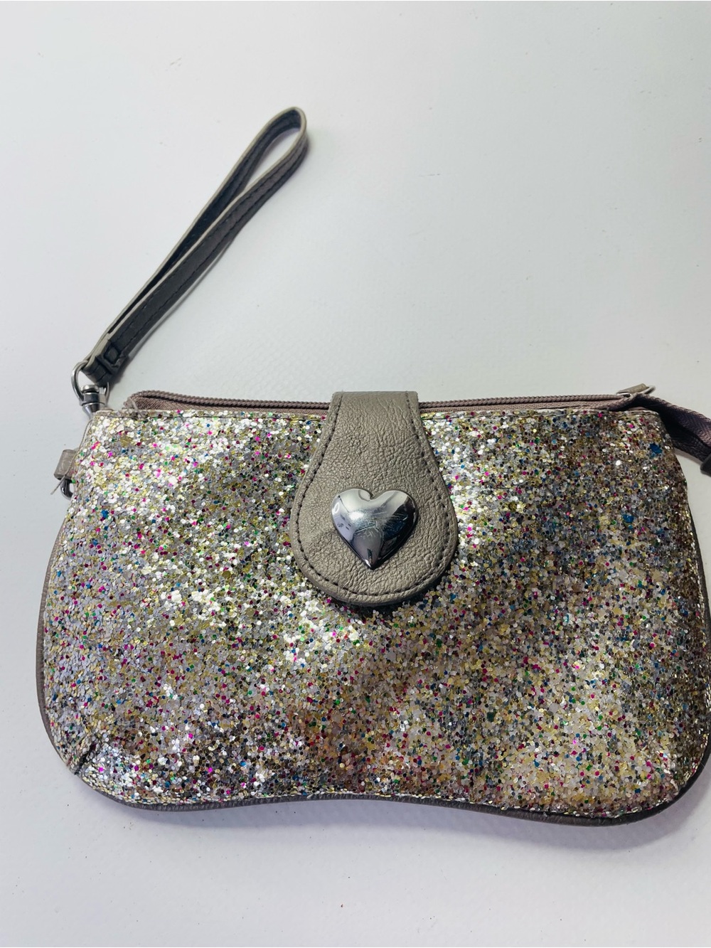 Candie's Glitter Heart Wristlet in Silver and Multicolor